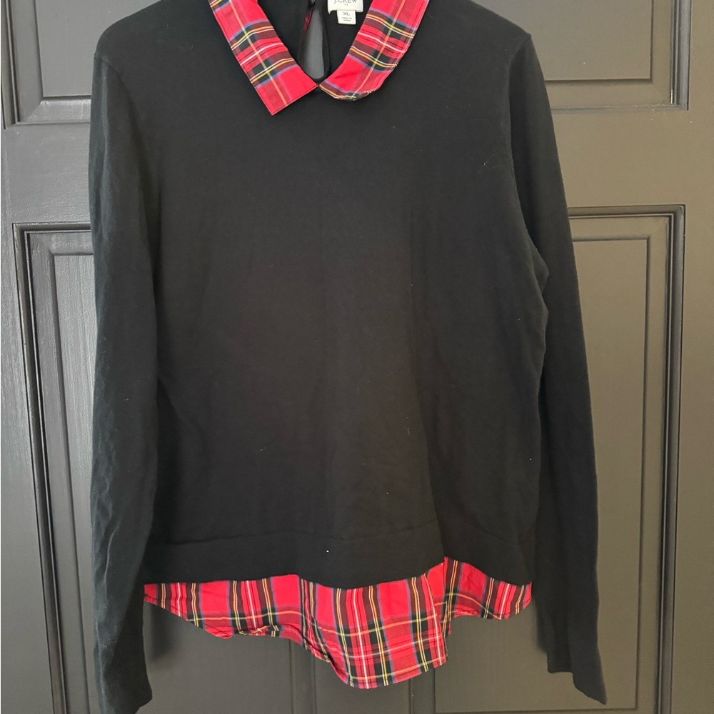 J. Crew Black Top with Red Plaid Collar